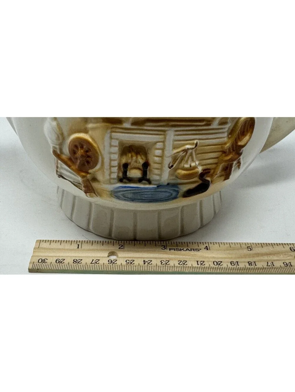 Vintage 1930's Porcelier Teapot Tea Pot Hearth Home Scene USA Vitreous China